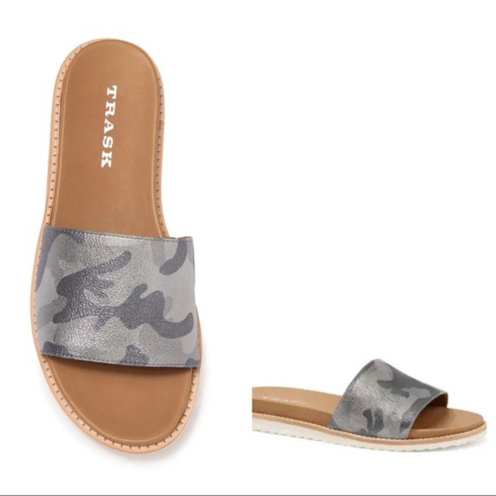 TRASK Sherry Metallic Camo Leather Sandals Slides 10
